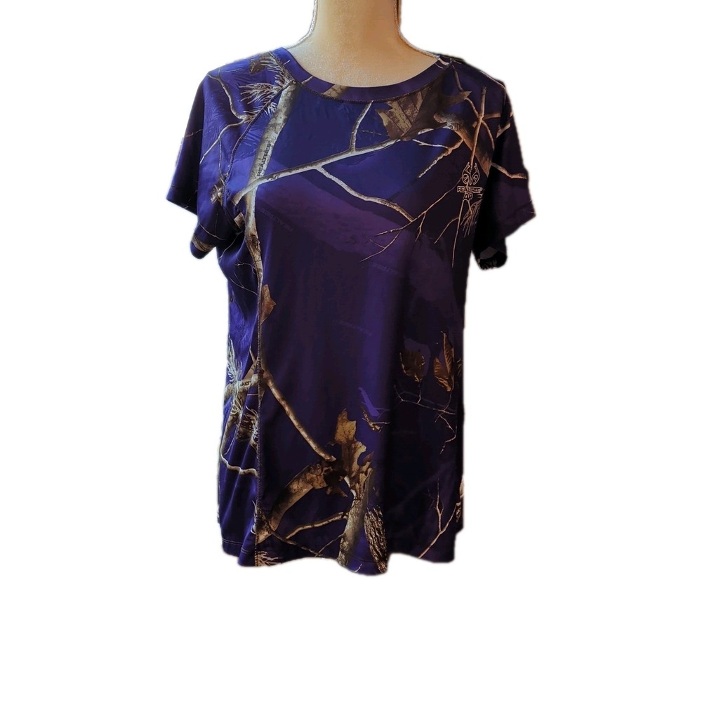 Real Tree Women's Size Large Purple Camo T Shirt 100% Polyester Short Sleeve‎